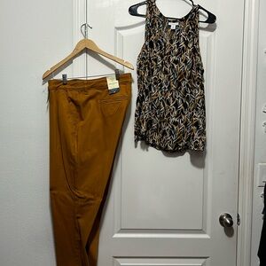 Golden day on the town. Gold mid rise girlfriend chinos paired with blouse